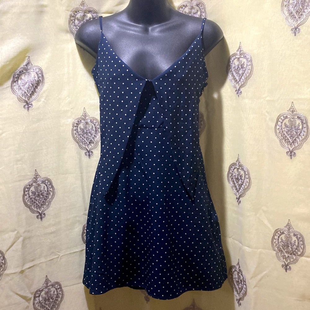 LE RUMI NAVY/WHITE POLKA DOT SLIP DRESS W/ POINTED LAPELS V-NECK SZ XS